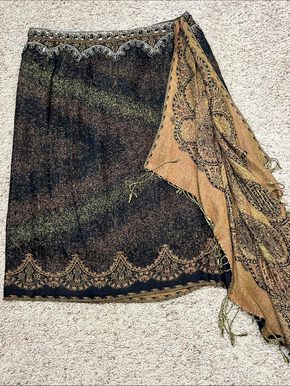 Vintage Alberto Makali Black & Brown Beaded & Fringed Scarf Skirt Women’s 14 - Picture 3 of 12